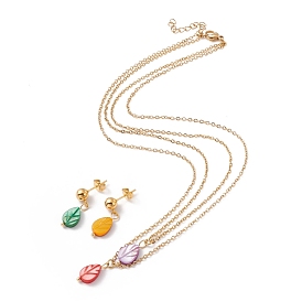 Synthetic Shell Leaf Pendant Double Layer Necklaces and Dangle Stud Earrings, Gold Plated 304 Stainless Steel Jewelry Sets for Women, Ion Plating(IP)