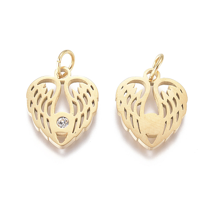316 Surgical Stainless Steel Pendants, with Micro Pave Cubic Zirconia and Jump Ring, Long-Lasting Plated, Heart Wing