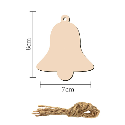 10Pcs Christmas Bell Unfinished Wood Cutouts Ornaments, with Hemp Rope, for Blank Crafts DIY Christmas Party Hanging Decoration Supplies