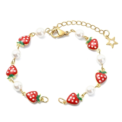 White Round Shell Pearl Brass Enamel Red Strawberry Link Chain Bracelet Making, with 304 Stainless Steel Lobster Claw Clasps
