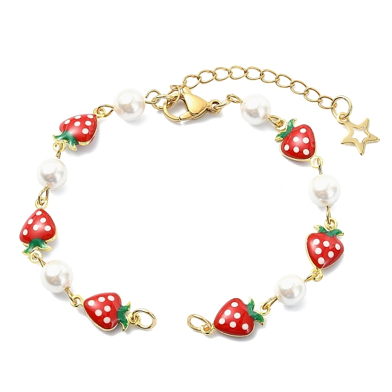 White Round Shell Pearl Brass Enamel Red Strawberry Link Chain Bracelet Making, with 304 Stainless Steel Lobster Claw Clasps
