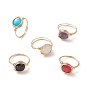 Natural Mixed Gemstone Flat Round Finger Rings, Golden Copper Wire Wrap Jewelry for Women