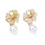 Brass Micro Pave Clear Cubic Zirconia Pendants, with ABS Plastic Imitation Pearl, Flower Charms, Rack Plating, Long-Lasting Plated