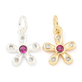 Rack Plating Brass Micro Pave Clear Cubic Zirconia Charms, Long-Lasting Plated, Lead Free & Cadmium Free, Flower, with Jump Ring, Deep Pink