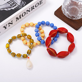 4Pcs 4 Styles Shell Shaped Charm Porcelain and Plastic Beaded Stretch Bracelet Sets for Women, Mixed Shapes