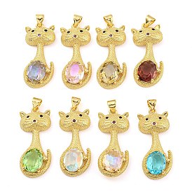 Rack Plating Brass Micro Pave Clear Cubic Zirconia Pendants, with Glass, Long-Lasting Plated, Cadmium Free & Lead Free, Real 18K Gold Plated, Cat Shapes Charms