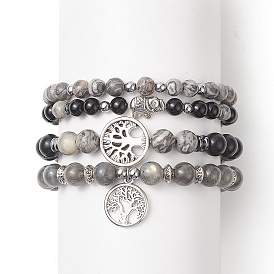 Gemstone Stretch Bracelets Sets, Alloy Tree of Life Charm Bracelets for Women