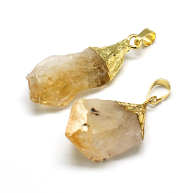 Natural Raw Rough Citrine Pendants, with Golden Plated Brass Findings, Irregular Nuggets