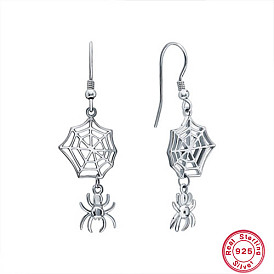 Rhodium Plated 925 Sterling Silver Dangle Earrings, Spider and Web