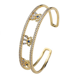 Cubic Zirconia Evil Eye Open Cuff Bangle, Real 18K Gold Plated Brass Jewelry for Women