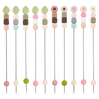 10Pcs 10 Styles Silicone Bead with Stainless Steel Knitting Needles, Platinum, Flower & Leaf, Stainless Steel Color