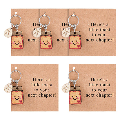 5 Sets Wood & Resin Toast Pendant Keychains, with Alloy Split Key Rings and Paper Card, Platinum