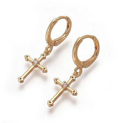 Brass Dangle Hoop Earrings, with Cubic Zirconia, Long-Lasting Plated, Cadmium Free & Nickel Free & Lead Free, Cross