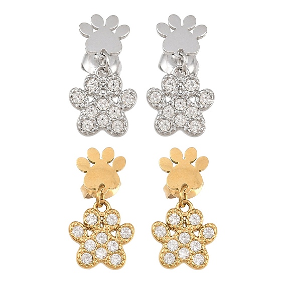 316L Surgical Stainless Steel Micro Pave Cubic Zirconia Dangle Stud Earrings for Women, Paw Print
