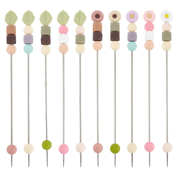 10Pcs 10 Styles Silicone Bead with Stainless Steel Knitting Needles, Platinum, Flower & Leaf, Stainless Steel Color