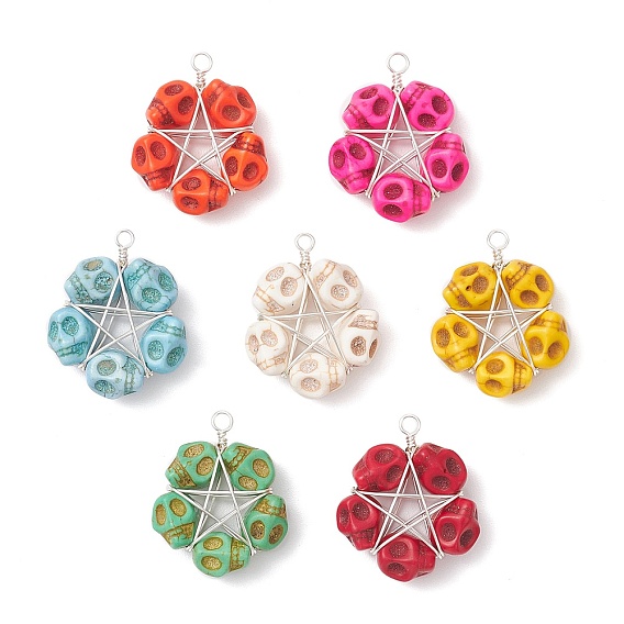 7 шт 7 цвета хэллоуин окрашенные синтетические бирюзовые черепа бусины подвески, подвески-пентаграммы из медной проволоки, покрытой серебром