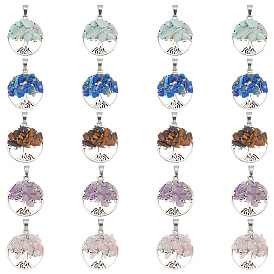 20шт 5 стили подвески из натуральных смешанных камней, с выводами из сплава и 304 нержавеющей стали, плоская круглая с подвеской дерево жизни, смешанные окрашенные и неокрашенные