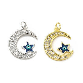 Brass Micro Pave Cubic Zirconia Pendants, with Jump Ring, with Enamel Evil Eye, Moon & Star Charm