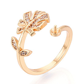 Закрепка колец для чашек в форме тропического листа из латуни с микропаве из прозрачного кубического циркония, настройки манжетного кольца для полусверленных бусин