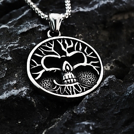 Vintage Stainless Steel Pendants, Flat Round with Skull Tree of Life Charm