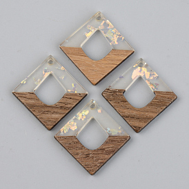 Transparent Resin & Walnut Wood Pendants, with Paillette/Sequin, Rhombus