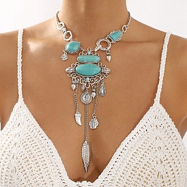 Alloy & Risin Imitation Turquoise Flower Bib Necklaces, Feather Tassel Necklaces for Women