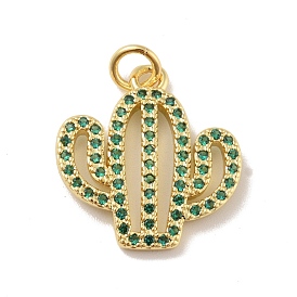 Brass Micro Pave Cubic Zirconia Pendants, with Jump Ring, Cadmium Free & Lead Free, Long-Lasting Plated, Cactus, Green