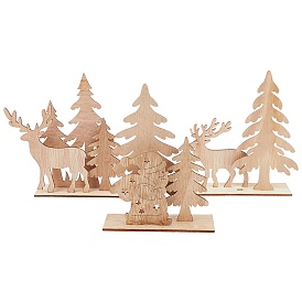 Undyed Platane Wood Home Display Decorations, Christmas Tree & Christmas Reindeer/Stag & Santa Claus