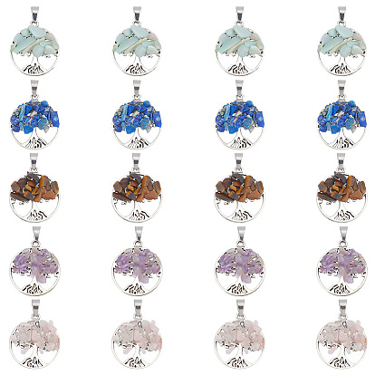 20шт 5 стили подвески из натуральных смешанных камней, с выводами из сплава и 304 нержавеющей стали, плоская круглая с подвеской дерево жизни, смешанные окрашенные и неокрашенные