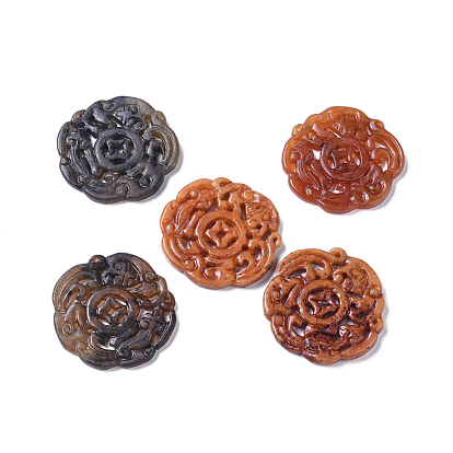 Chinese Style Natural Jade Big Pendants, Carved, Dyed, Flat Round