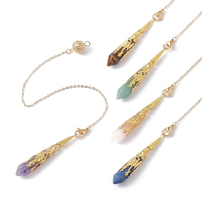 Natural Mixed Gemstone Pointed Dowsing Pendulums, with Brass Cable Chains, Soldered, Real 18K Gold Plated, Faceted Bullet Charm