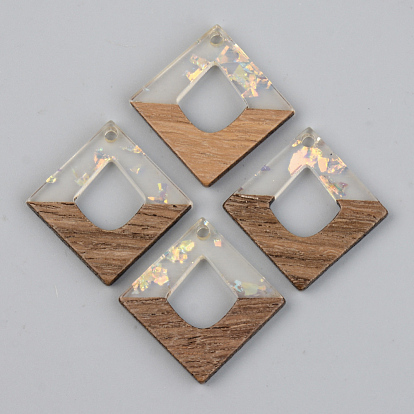 Transparent Resin & Walnut Wood Pendants, with Paillette/Sequin, Rhombus