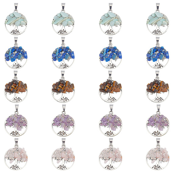 20шт 5 стили подвески из натуральных смешанных камней, с выводами из сплава и 304 нержавеющей стали, плоская круглая с подвеской дерево жизни, смешанные окрашенные и неокрашенные