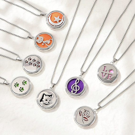 316 хирургическая нержавеющая сталь ароматерапевтический диффузор духов полые плоские круглые подвески коробка цепи ожерелья, цвет нержавеющей стали