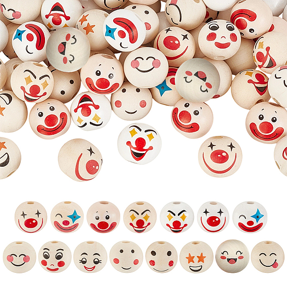 150шт 15 стили деревянные европейские бусины с принтом, бусины с большим отверстием, круглый с узором клоуна