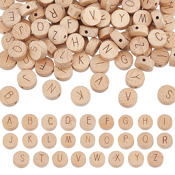 Wood Beads, Flat Round with Letter