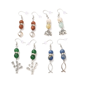 Dainty Natural & Synthetic Gemstone Dangle Earrings, Brass Jewelry for Girl Women, Tibetan Style Alloy Charms Long Earrings