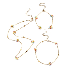 Colorful Glass Seed Beaded Flower Link Chain Bracelets & Necklaces & Anklet, Ion Plating(IP) Brass Jewelry Set