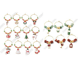 18pcs charmes de verre à vin en alliage d'émail thème de noël, Breloques en laiton pour verres à vin, aventurine verte naturelle et citrine
