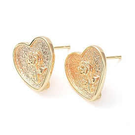 Brass Stud Earring Finding, with Vertical Loop, Heart with Rose