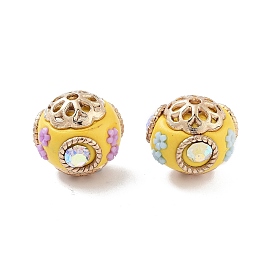 Handmade Indonesia Beads, with Alloy and Resin, Round with Flower, Golden