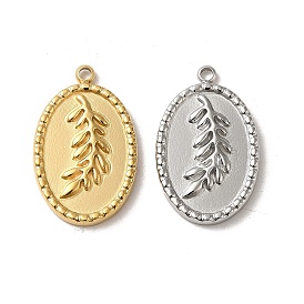 304 Stainless Steel Pendants, Oval with Leaf Pattern Charm