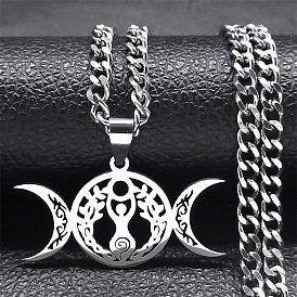 304 Stainless Steel Triple Goddess Pendant Necklaces, Curb Chains Necklaces for Women Men