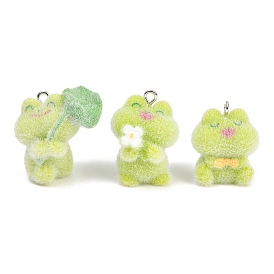 Флокированные подвески из непрозрачной смолы, очарование лягушки, с железной платиной петлей, зеленый желтый