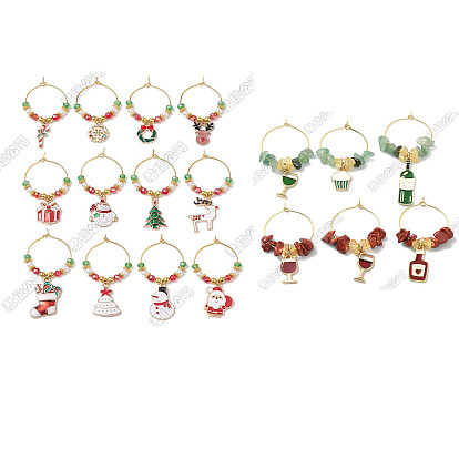 18pcs charmes de verre à vin en alliage d'émail thème de noël, Breloques en laiton pour verres à vin, aventurine verte naturelle et citrine