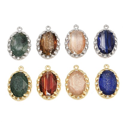 Pendentifs en verre en laiton, charmes ovales, facette, avec de la poudre de paillettes