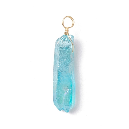 Electroplated Natural Quartz Crystal Pendants, Nuggets Charms with Eco-Friendly Copper Wire, Dyed