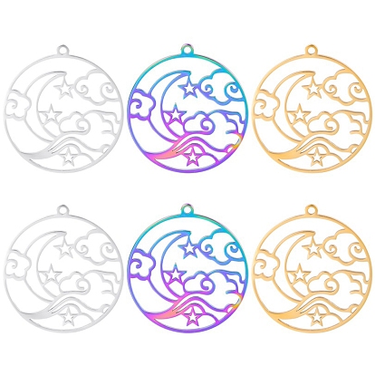 304 подвески из нержавеющей стали, лазерная резка, плоский круглый шарм со звездой, луной и облаком