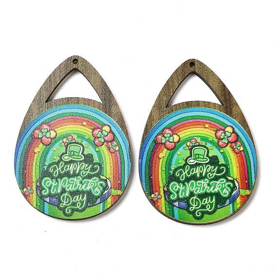 Saint Patrick's Day Single Face Printed Wood Big Pendants, Teardrop Charms with Rainbow