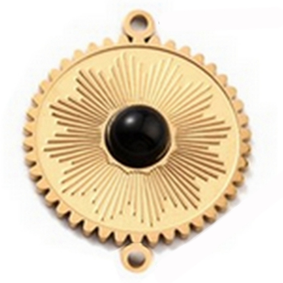 Подвески-коннекторы из натурального окрашенного и нагретого черного агата, с ионным покрытием (ip) 304 выводы из нержавеющей стали, реальный 24 k позолоченный, плоско-круглые